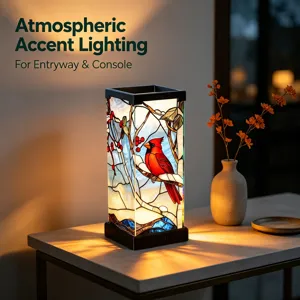 Lampada da tavolo luce notturna in vetro colorato con cardinale invernale per decorazione camera.