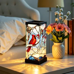 Lampada da comodino luce notturna in vetro colorato con design di cardinale rosso per camera.