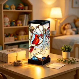 Luce notturna in vetro colorato con design di uccello cardinale rosso, decorazione da camera.