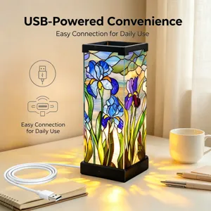 Lampada Da Notte In Vetro Colorato USB Comodino Design Iris Fiori Arredo Camera Da Letto