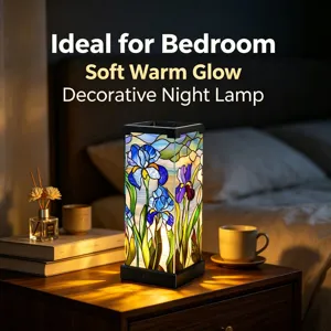 Lampada da notte in vetro colorato con iris per camera da letto, comodino decorativo.