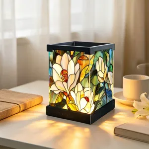 Buntglas LED Nachtlicht Blumen Acryl Tischlampe fuer Schlafzimmer Nachttisch warme Beleuchtung.