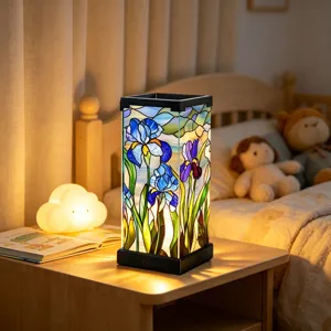 Lampada da notte rettangolare stile vetrate lampada da comodino con fiori blu decor