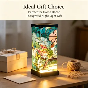 Luce notturna in vetro colorato con colibri, lampada da tavolo accogliente per camera.