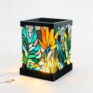 Buntglas Tropenpflanze Nachtlicht quadratische LED Nachttischlampe mit USB-Stromanschluss.