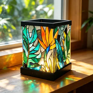 Acryl LED Nachtlicht tropische Pflanzen Buntglas Muster Nachttisch Deko Tischlampe