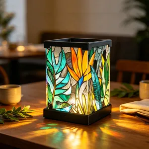 Buntglas Stil Nachtlicht LED Tischlampe mit tropischem Pflanzenblattmuster für Schlafzimmer Dekoration.