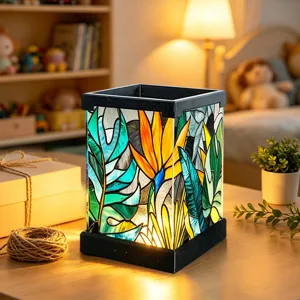 Bunt bedruckte Acryl LED Nachtlampe mit tropischem Pflanzenmuster, ideale Nachttischleuchte.