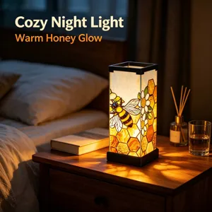 Luce notturna in vetro con motivo ad api e alveare, calda lampada da comodino accogliente per camera.