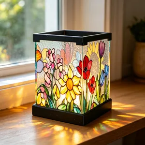 Detaillierte Nahaufnahme der bunten Buntglas Blumen LED Nachtlampe mit warmem Licht.