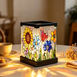 Detailansicht der bunten Blumen LED Nachtlampe im Buntglas-Stil, gemütliche Deko.