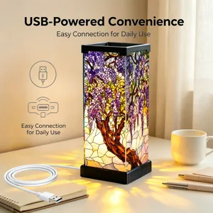 Lampada da tavolo USB in vetro colorato con bellissimo design di albero floreale.