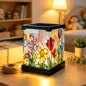 Detailansicht der quadratischen Buntglas LED Nachtlampe mit Blumenmustern für Schlafzimmer.