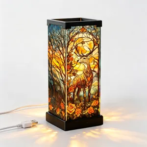 Luce notturna in vetro colorato con cervo e rose, lampada da comodino USB per decorazione camera