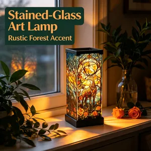 Lampada d'arte in vetrate con design di cervo della foresta rustica per illuminazione accogliente.