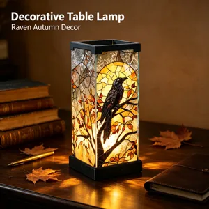 Lampada da tavolo decorativa in vetro con corvo d'autunno per illuminazione da comodino accogliente.