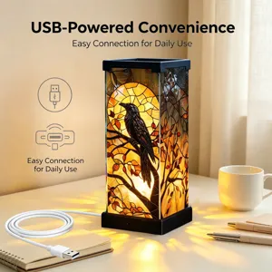 Lampada da scrivania USB con luce notturna in vetro colorato corvo per camera da letto comodino.