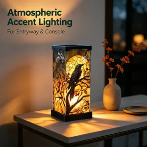Lampada da comodino decorativa in vetro colorato con design di corvo per illuminazione interna.