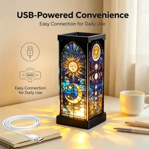 Lampada da tavolo in vetreria, luce notturna USB celeste con disegni di sole e luna per la camera.