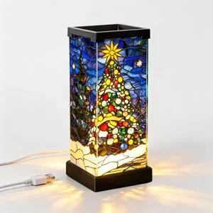 Luce notturna albero di Natale in vetro colorato, lampada da tavolo USB decorativa da letto.