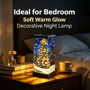 Lampada notte albero di Natale in vetro colorato, luce da comodino calda e decorativa.