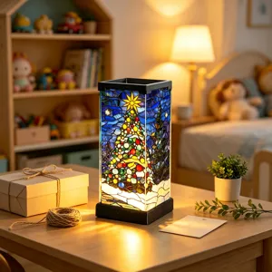 Vista dettagliata della lampada da notte in vetro colorato con un bel design di abete.