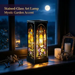 Dettaglio della lampada da notte in vetrata con motivo floreale gotico e calda luce ambientale.