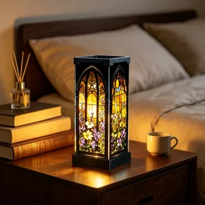Lampada da tavolo gotica in vetro colorato per camera, luce notturna floreale per comodino.