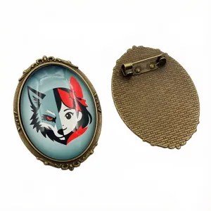 Vintage oval metal brooch tray featuring a unique anime girl and wolf split-face graphic design.