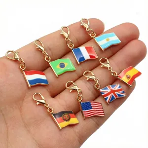 Enamel national flag alloy charms with gold lobster clasps, ideal for DIY keychains.