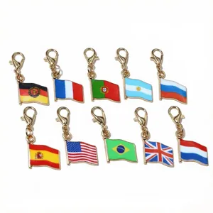 Detail view of metal enamel national flag charms with lobster clasps, perfect for DIY jewelry.