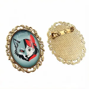 Detailed view of oval alloy brooch base featuring unique anime wolf girl art pattern.