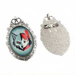 Detailed view of 30x40mm oval alloy cameo brooch pendant blank with vintage anime glass cabochon.