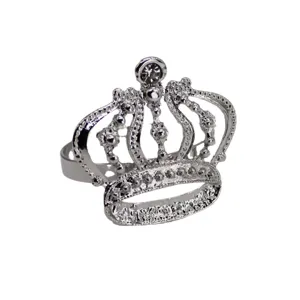 Silver crown napkin ring with rhinestones, elegant table setting decor for weddings and banquets.