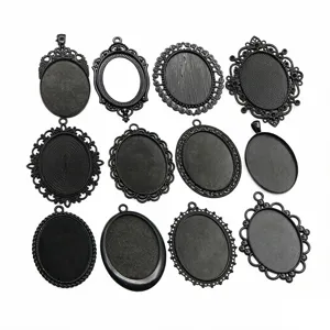 Pendentifs ovales noirs en alliage, 12 styles de plateaux cabochons pour bijoux DIY.