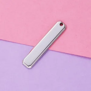 Close-up detail of polished stainless steel rectangular pendant, perfect for DIY jewelry making.