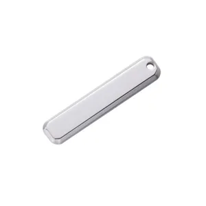 Closeup detail of polished stainless steel rectangular DIY blank pendant bar with hole.