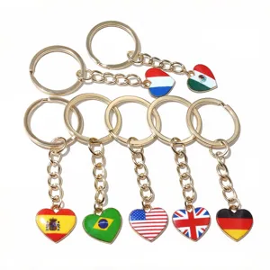 Porte-clés drapeau national en forme de cœur en alliage avec anneau de 25 mm pour bijoux.