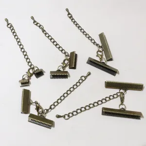 DIY bronze jewelry making findings set with cord clamps, lobster clasp and extension chain