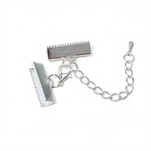 Silver color metal ribbon clamp ends and lobster clasp extension chain detail view