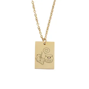 Collier en acier inoxydable doré avec pendentif rectangulaire gravé chat toast confiture.