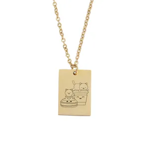 Collier pendentif rectangulaire en acier inoxydable doré avec adorable chat macaron et café gravé.