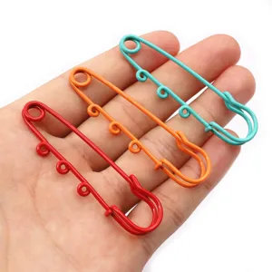 Colorful painted iron safety pins with hanging loops for doll charms 61x17mm 3pcs