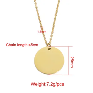 Close-up detail view of the golden stainless steel round pendant necklace and chain specs.