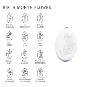 Stainless Steel Birth Flower Pendant DIY Oval Charm Engraved January to December Birthday Jewelry Making Accessories