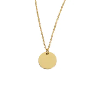 Gold stainless steel round coin pendant necklace detail shot, polished mirror finish link chain.