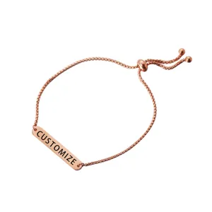 Rose gold stainless steel slider bracelet with custom engraving bar for women and girls.