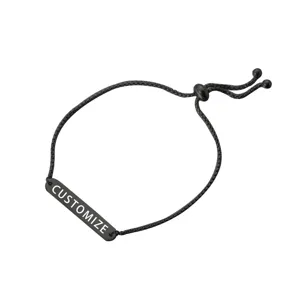 Adjustable black stainless steel bar cord bracelet for DIY custom engraved couple jewelry gifts.