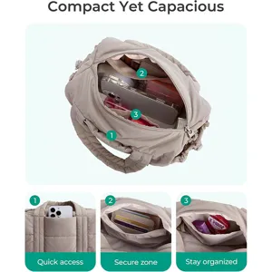 Puffy quilted shoulder bag with multi-pocket storage, spacious interior for daily travel.