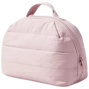 Light pink quilted cosmetic bag with top handle, portable travel toiletry storage pouch.